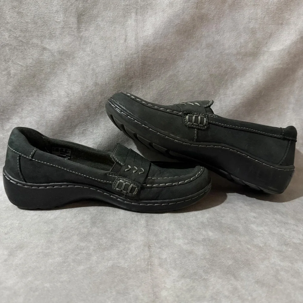 Clarks Collection Loafers Womens 5 Black Good Nubuck Leather Slip On Comfort